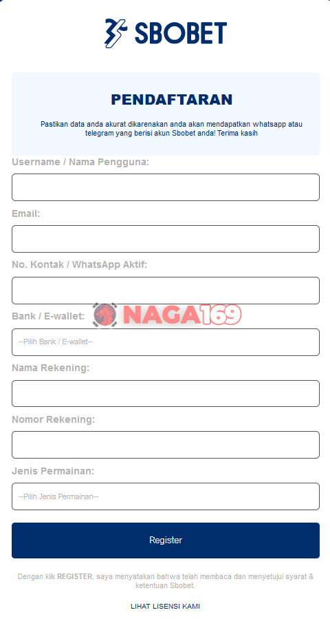 form daftar sbobet naga169